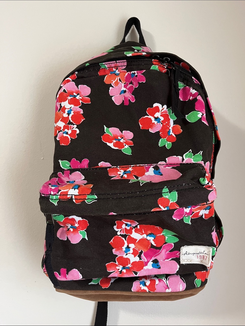 Aeropostale Black Floral Backpack with Pink, Red & Green Details